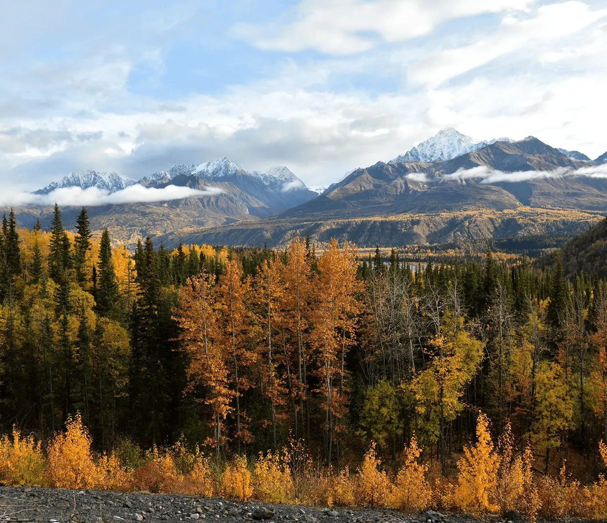 Snow-capped peaks and autumn trees